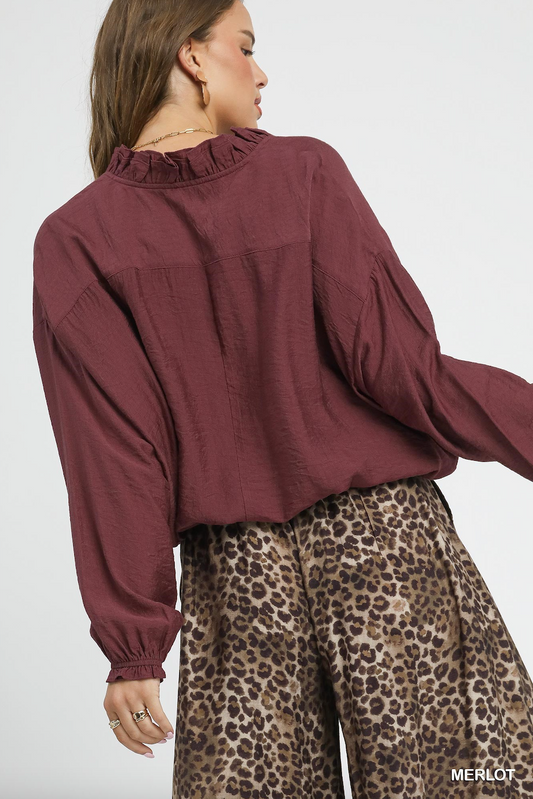 Merlot Ruffle Neck V Neck Blouse