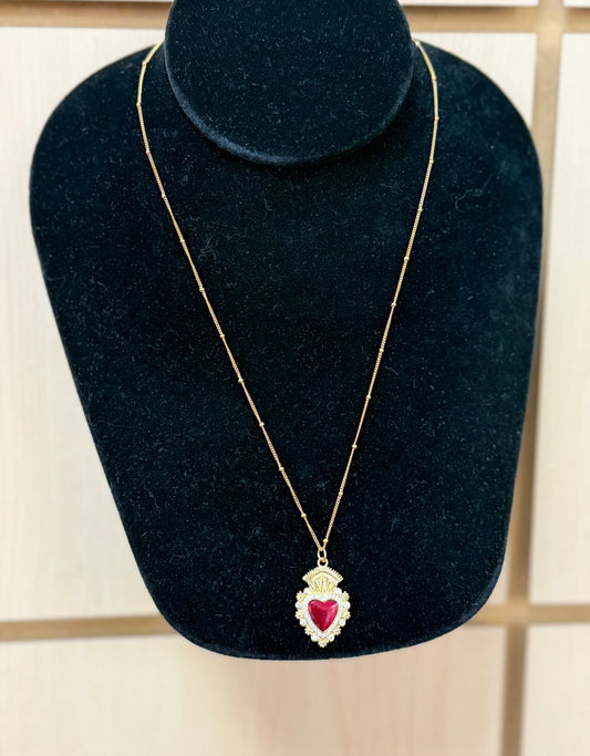 Tiny Gold Chain w/ Red & Gold Heart (LJ578)