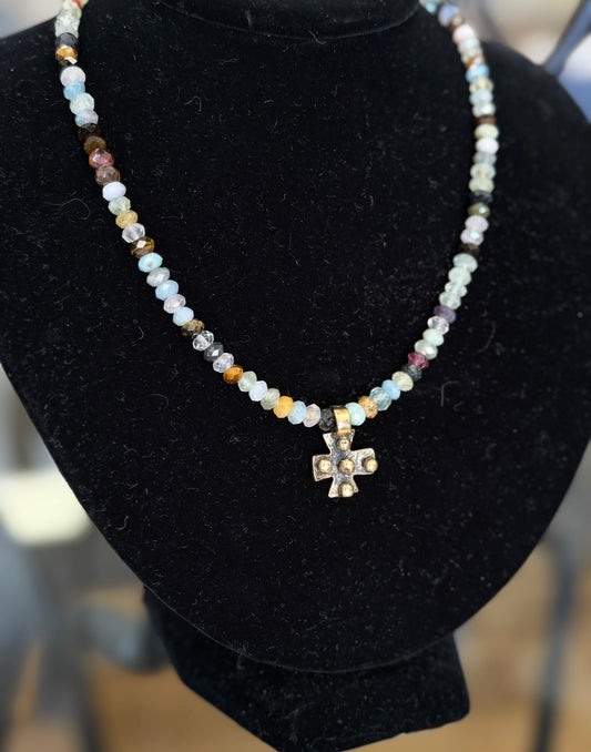Faceted Aqua/Brown Stones w/ Gold Cross (LJ467)