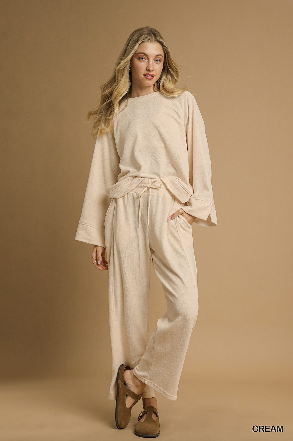 Cream Wide Leg Drawstring Pants