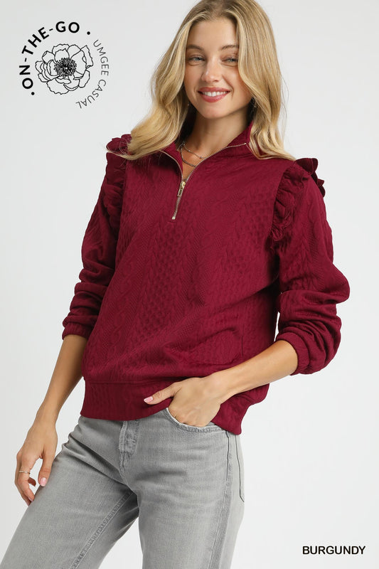 Cable Knit Textured Pullover with Ruffle Shoulders