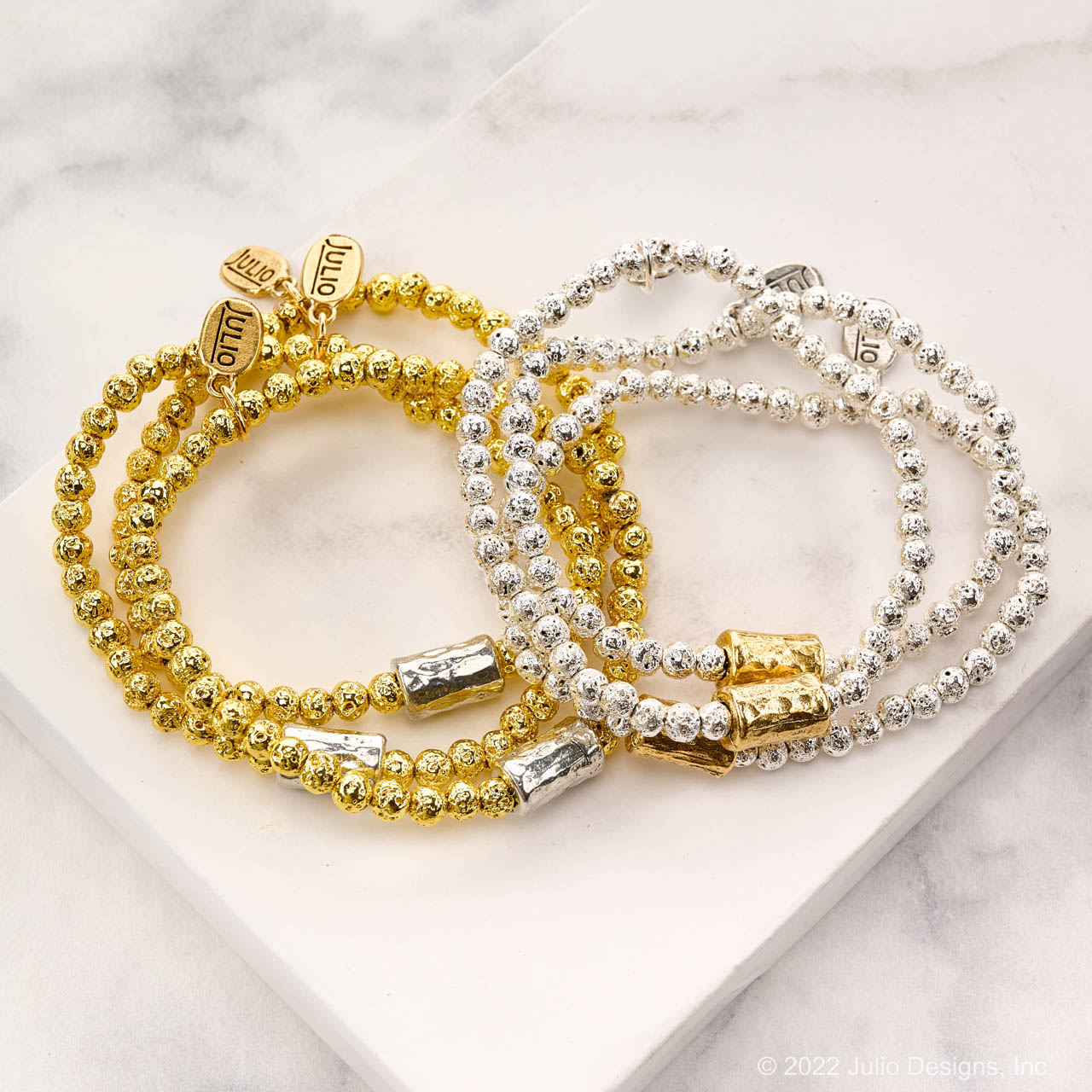 Bago Lava Nugget Bracelet with Hammered Barrel Bead Accent