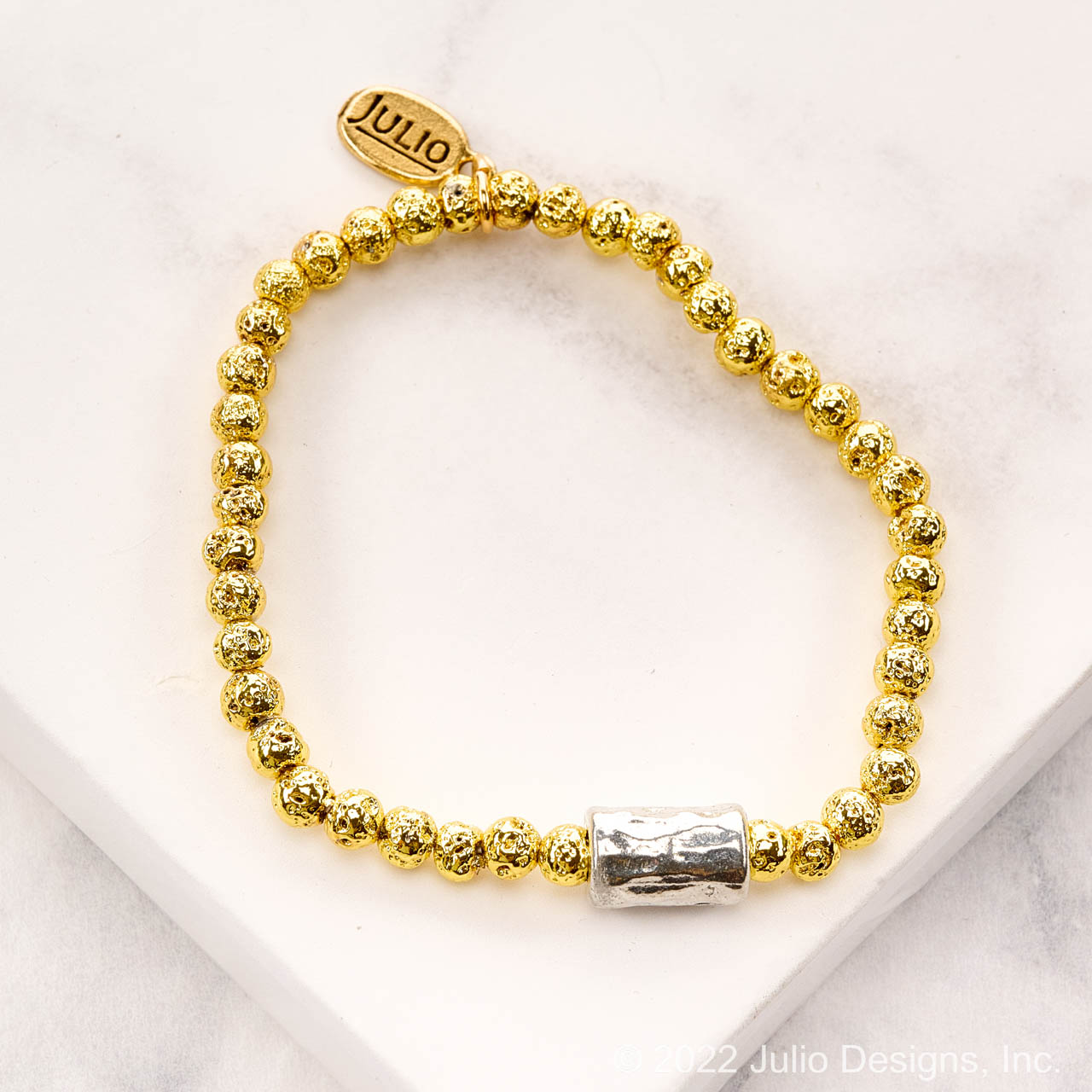 Bago Lava Nugget Bracelet with Hammered Barrel Bead Accent