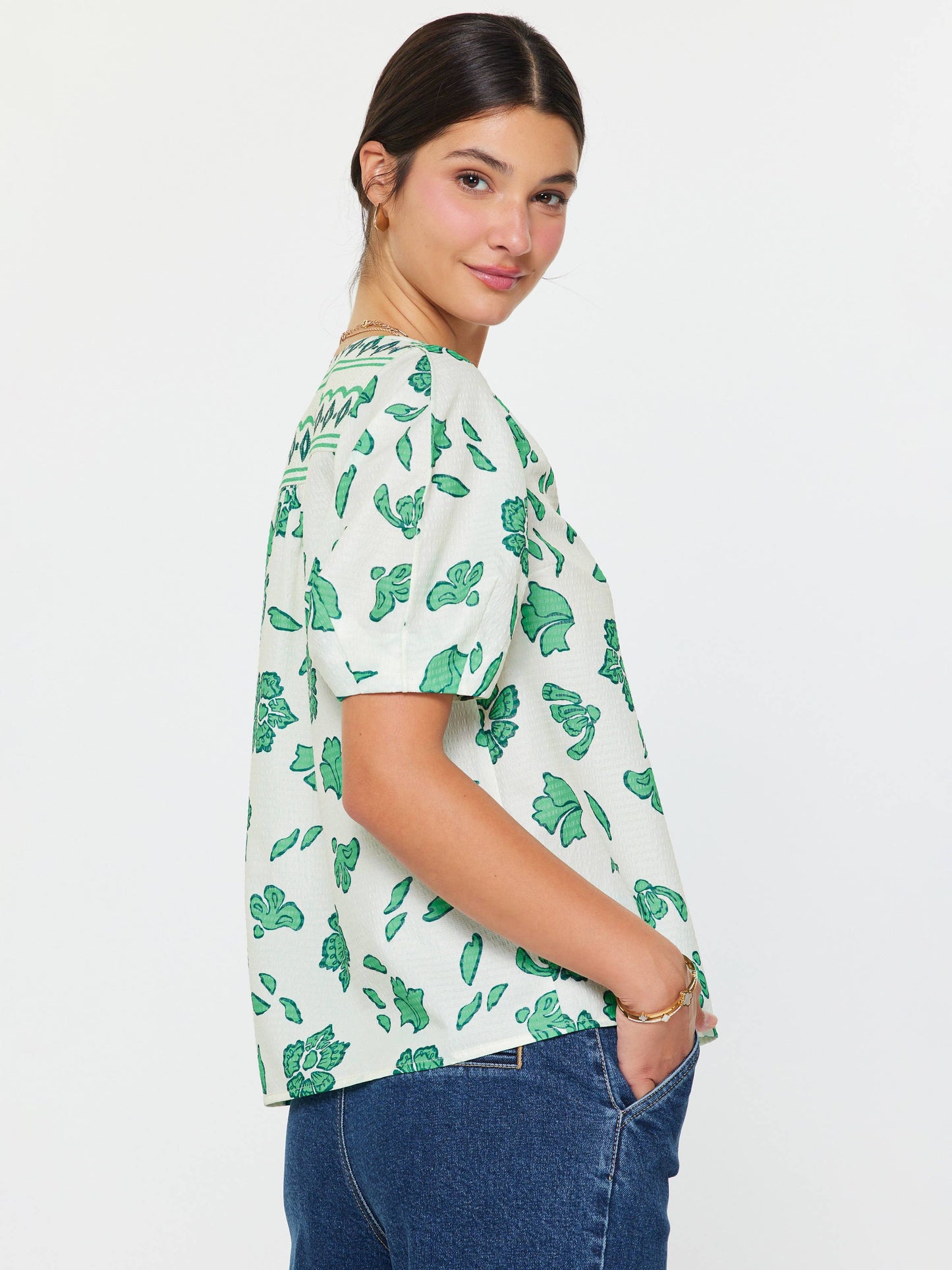 Green Floral Printed V-neck Blouse