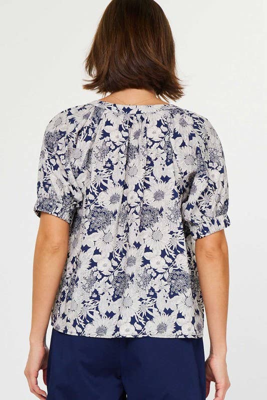 Navy Floral Printed Half-sleeve Blouse