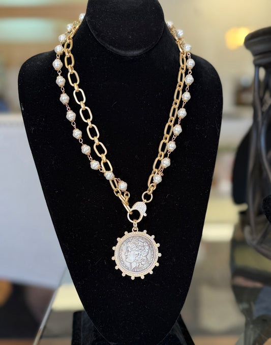 2 Str. Gold Chain w/ Pearl Rosary Chain and Lg Coin (LJ320)