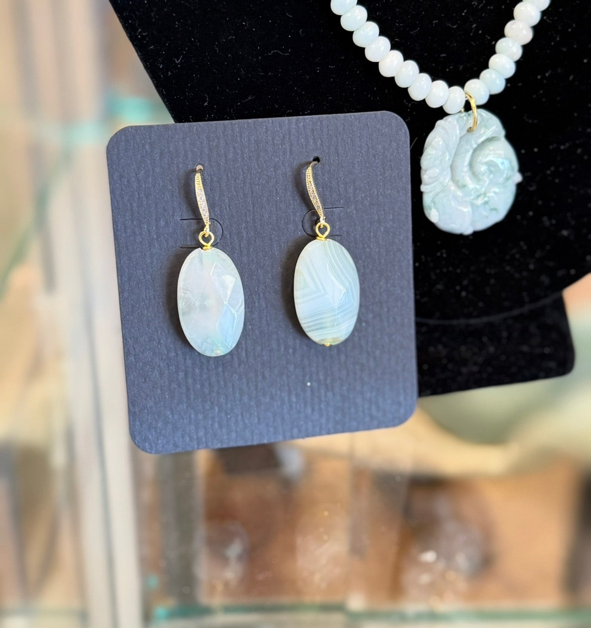 Banded Jade Earrings On Gold Cryst Wires (LJ593)