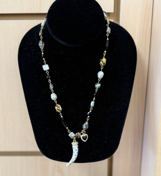 Pearl, Crystal, Black Rosary Chain w/ Horn & Heart (LJ580)