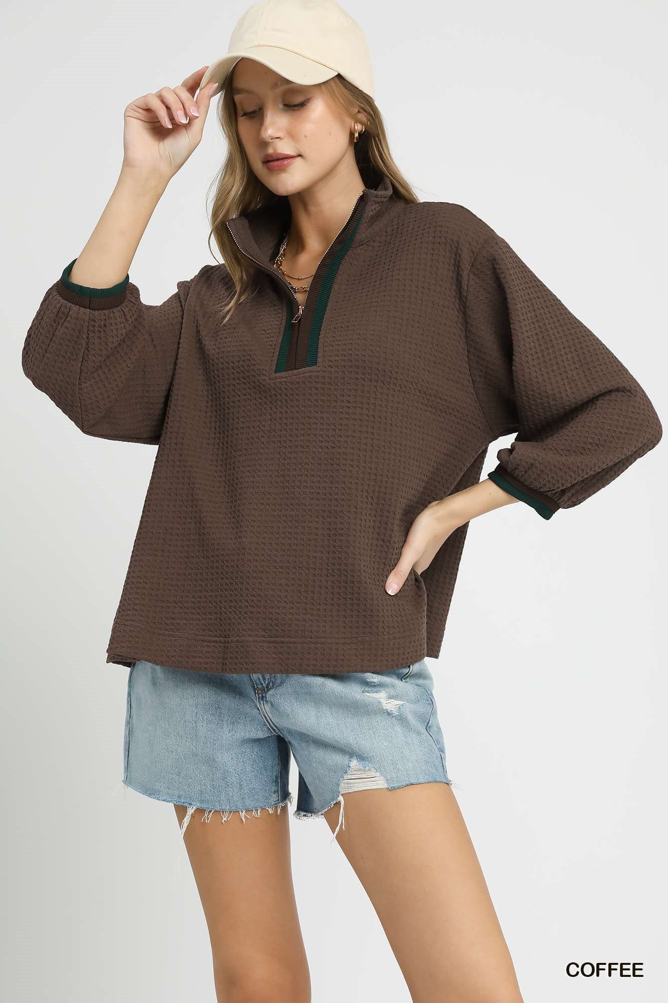 Waffle Knit Pullover with Contrast Zip Trim