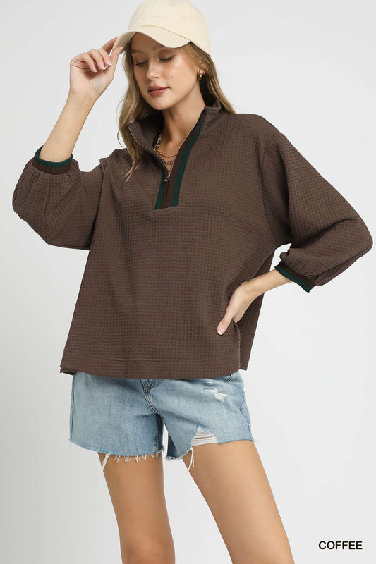 Waffle Knit Pullover with Contrast Zip Trim