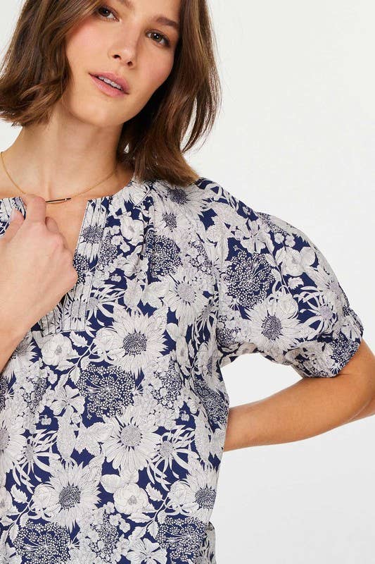 Navy Floral Printed Half-sleeve Blouse