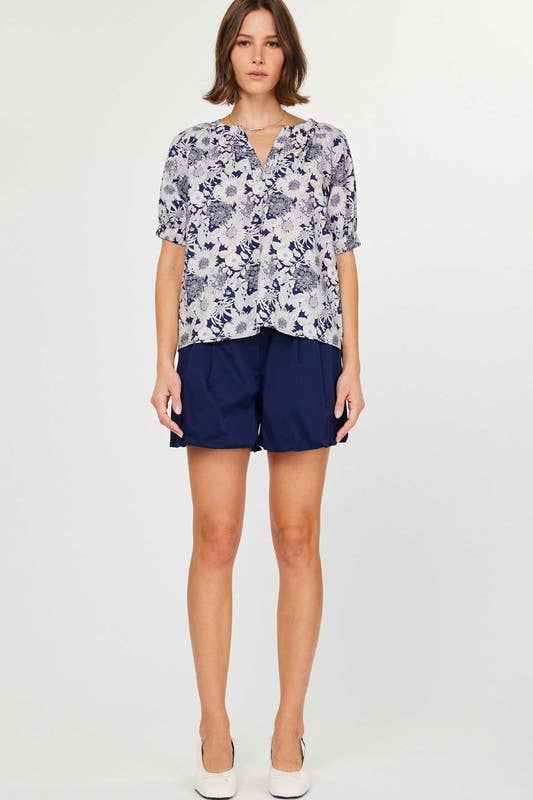 Navy Floral Printed Half-sleeve Blouse