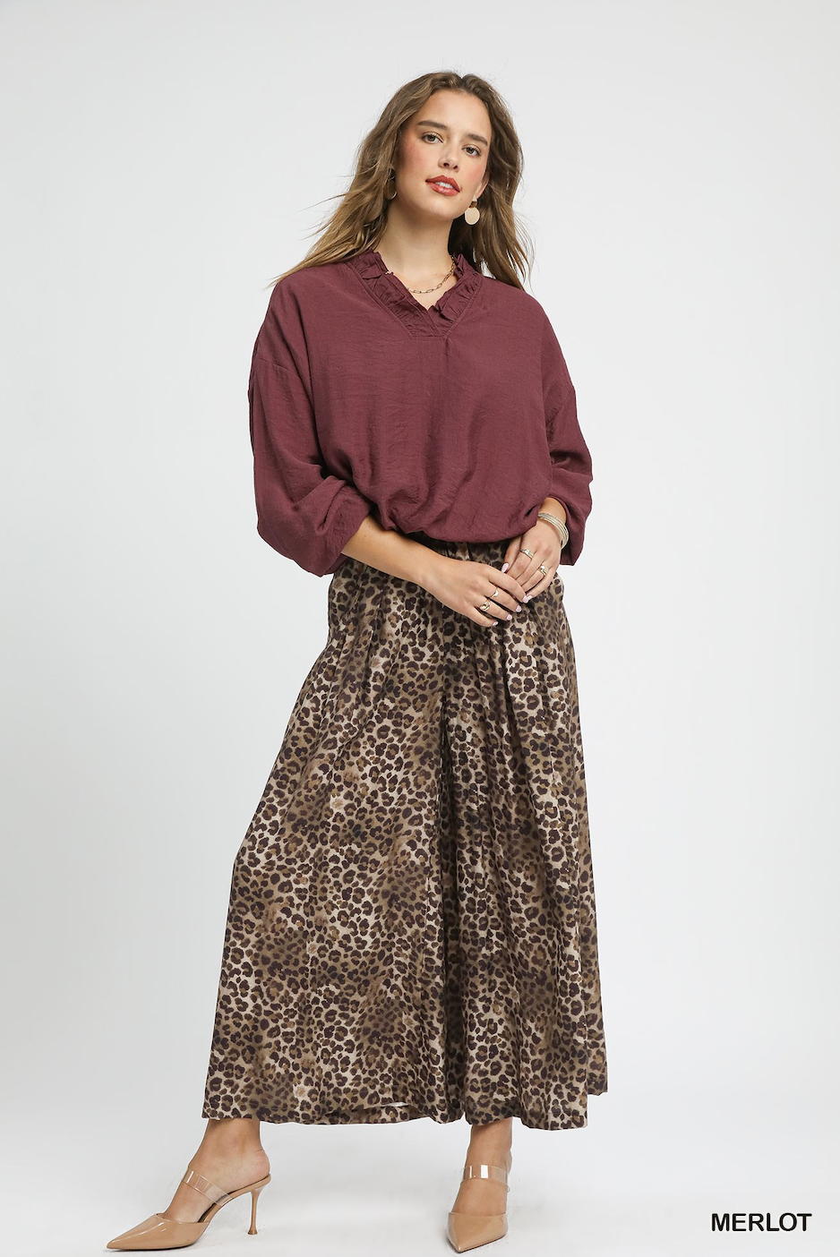 Merlot Ruffle Neck V Neck Blouse