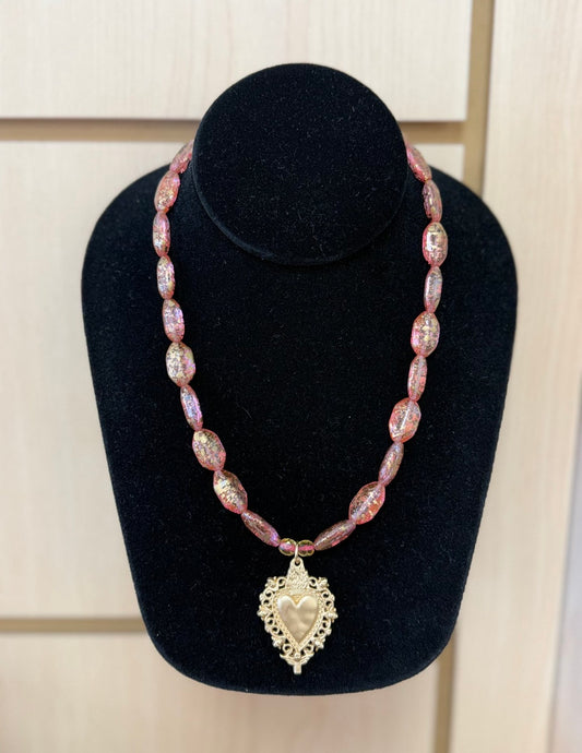 Czech Glass Pink & Gold w/ Gold Heart (LJ586)