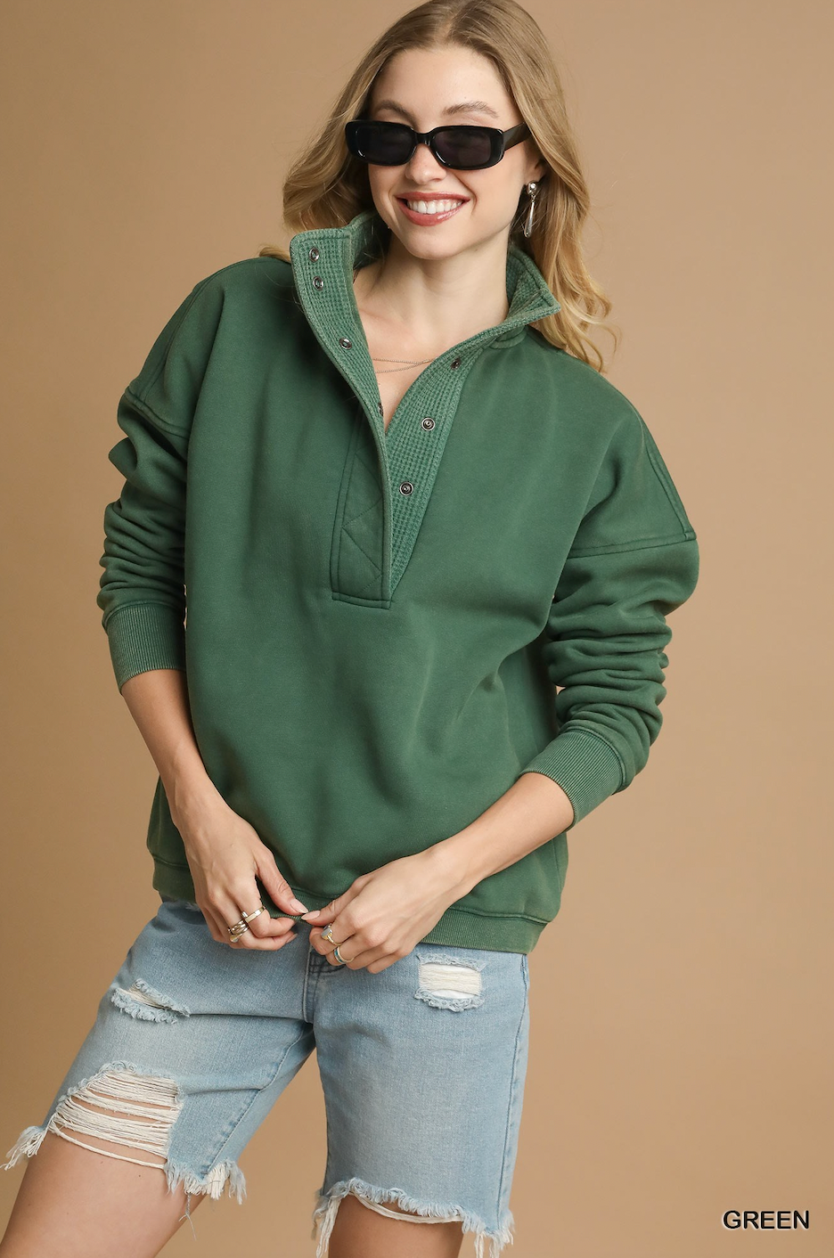 Green Mineral Wash Half-Snap Pullover Sweatshirt