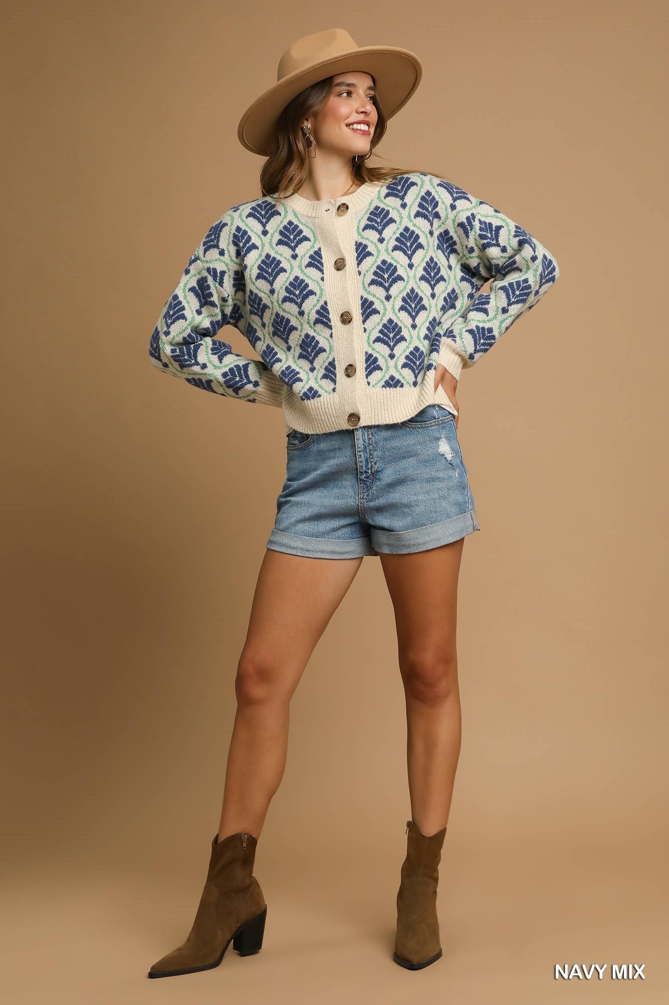 Umgee Jacquard Mix Button-Front Knit Cardigan