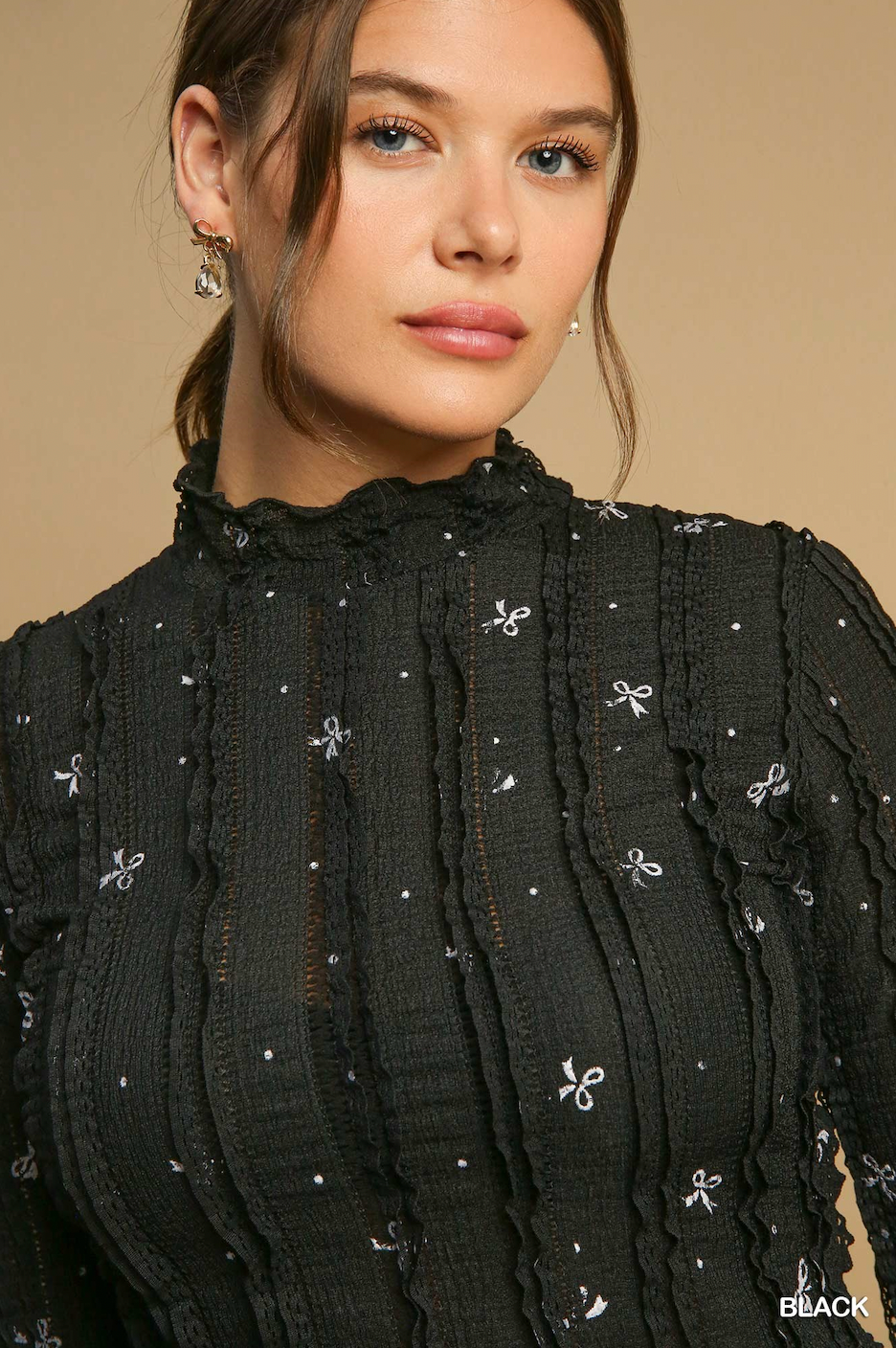 Bow Print Black Long Sleeve Top